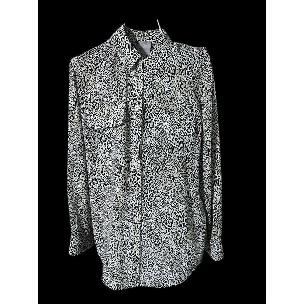 GREAT CONDITION WOMEN CHICOS WRINKLE RESISTANT ANIMAL LEOPARD BLOUSE TAN GRAY BL - Picture 9 of 13